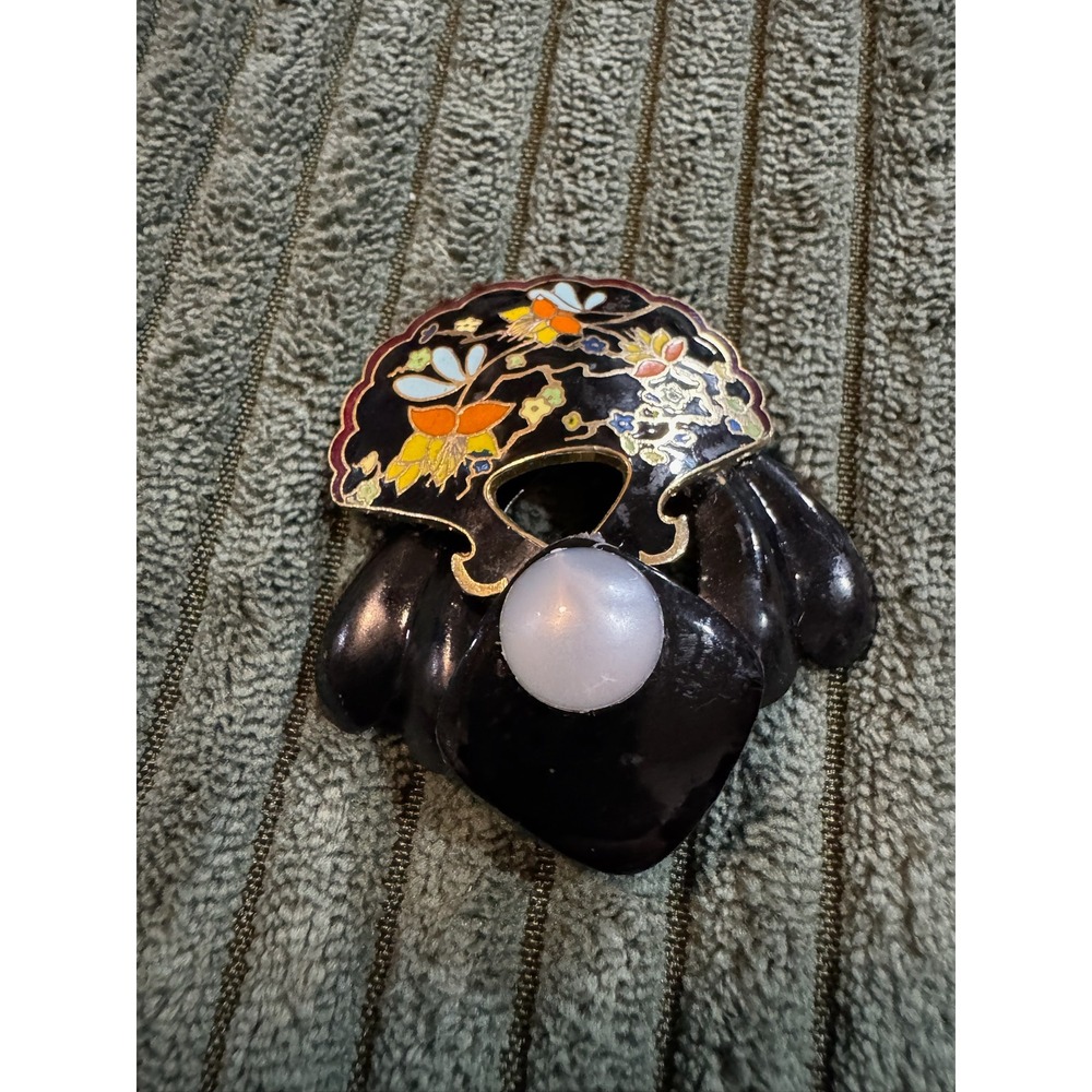 Vintage Floral Cloisonné Asian Oriental Fan Brooch Pin Signed‎ DRJ 2002